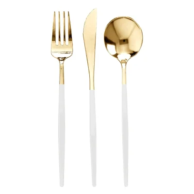 Plasthnífapör Elegant Hvít og Gyllt 3stk
