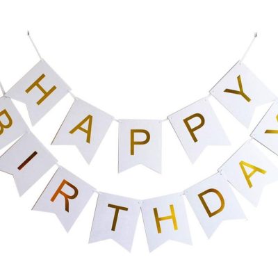 Happy Birthday Fánalengja Hvít og Gyllt Stór