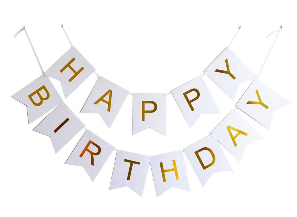 Happy Birthday Fánalengja Hvít og Gyllt Stór
